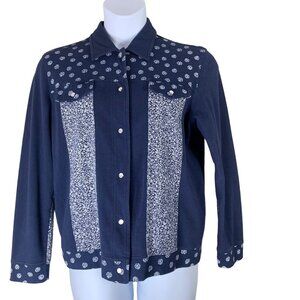 Vintage Cardigan Sweater Size Medium Blast Snap Front Blue Floral Long Sleeved